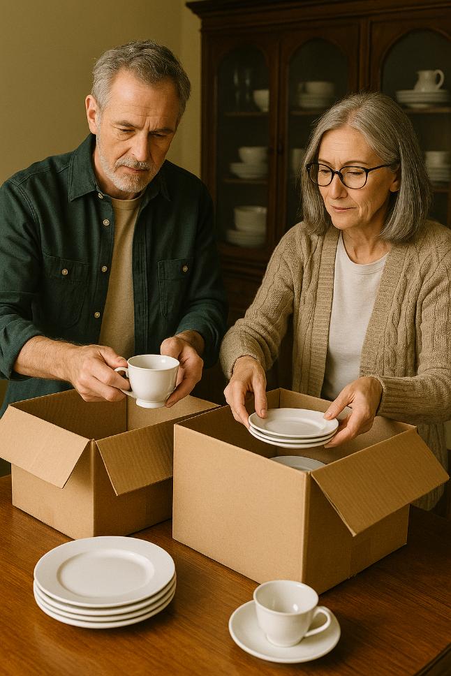 people packing up dining room